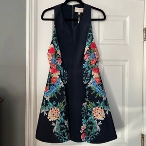 Navy Floral Fit-and-Flare Dress